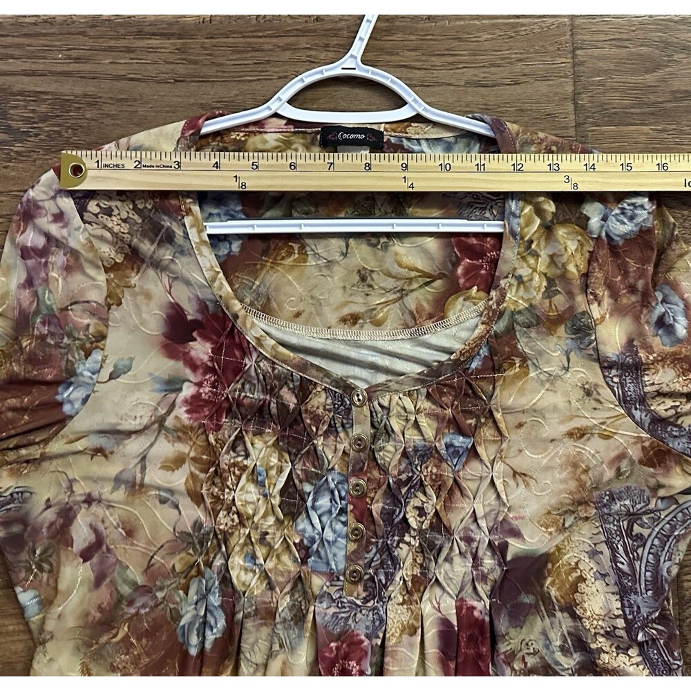 Cocomo Floral Boho Tunic Top S/M Pintuck Henley 3/4 Sleeve Handkerchief Hem - Picture 7 of 8